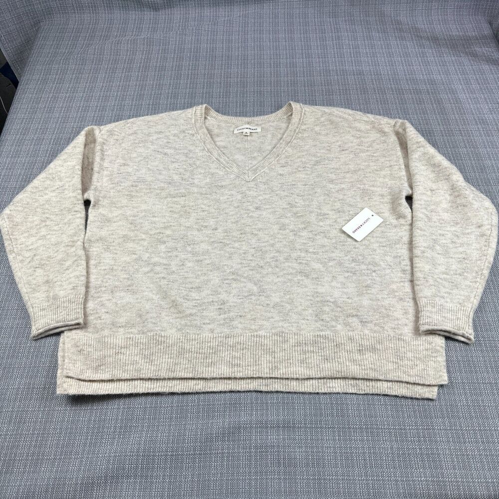 Lucky Brand Sweater Womens XL Oatmeal Wool Blend V Neck Comfy Soft Oversize New